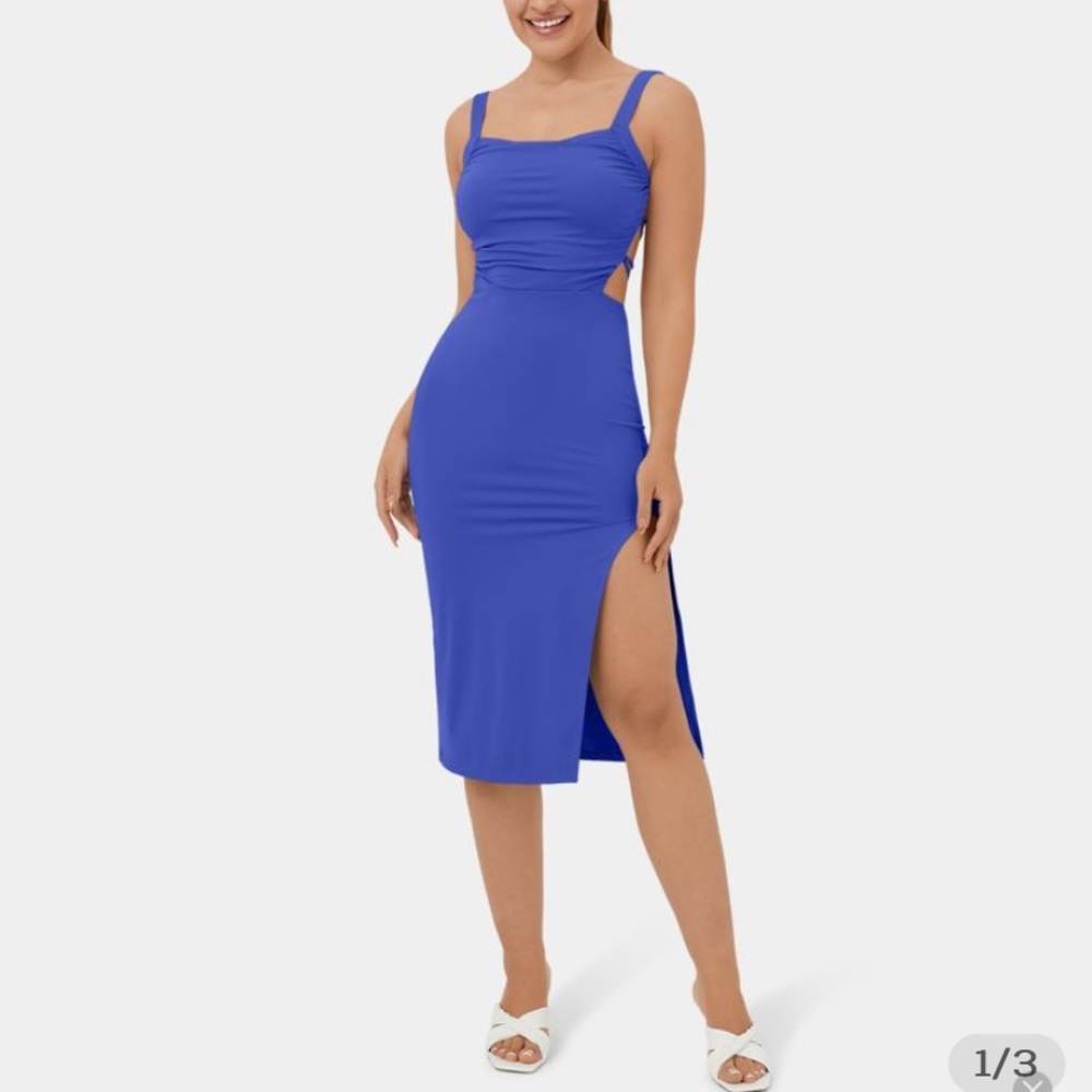 Ruched Split Backless Crisscross Lace Up Bodycon Midi Casual Dress - Picture 3 of 4